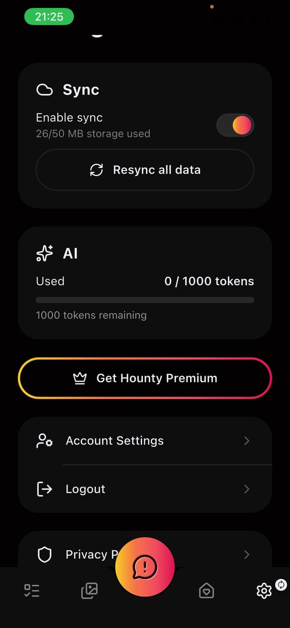 Hounty app settings showing sync and AI tokens usage